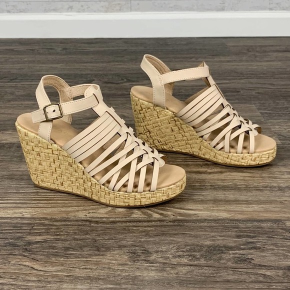 Rampage Shoes - Rampage Joann cream leather peep toe wedge sandal